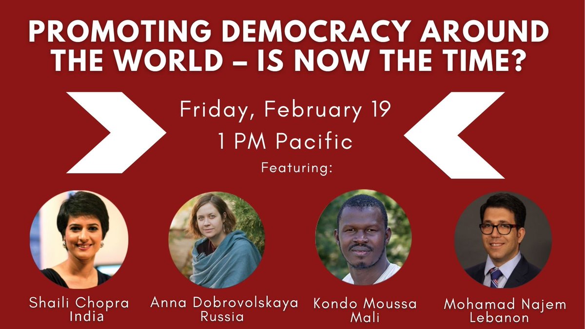 FSIStanford's tweet image. Has the role of the U.S. as a leading advocate for democracy diminished following the 2020 U.S. election and attack on the Capitol? 4 of our Draper Hills alumni (@Kondoba @shailichopra @monajem &amp;amp; Anna Dobrovolskaya) will discuss with @FukuyamaFrancis ⬇️ ow.ly/NoQF50DxLwO