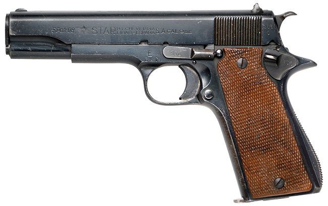 For example, it was difficult to get .45 ACP blanks to cycle in the Colt 1911 so in older films whenever someone is firing one it's actually the Star Model B, a 9mm pistol that accepted blanks easily. Pictured: 1. Colt 1911, 2. & 3. Star Model B, 4. Star Model B in The Wild Bunch