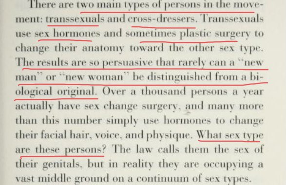 I notice we don’t address transvestic fetishism re cross dressing. As for the “indistinguishable from “biological originals”I think thats likely in females on Testosterone (which packs a punch on females). With males, re passing, air suspect the wish is father to the thought.