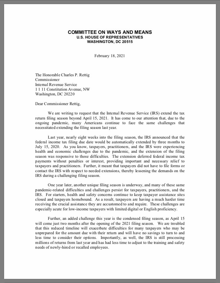 BillPascrell's tweet photo. This afternoon my @WaysMeansCmte colleagues and I are asking the IRS to extend the tax filing deadline beyond April 15. With the pandemic and the IRS’s problems Americans deserve flexibility. This needs to happen ASAP. https://t.co/mGioLRuFtv