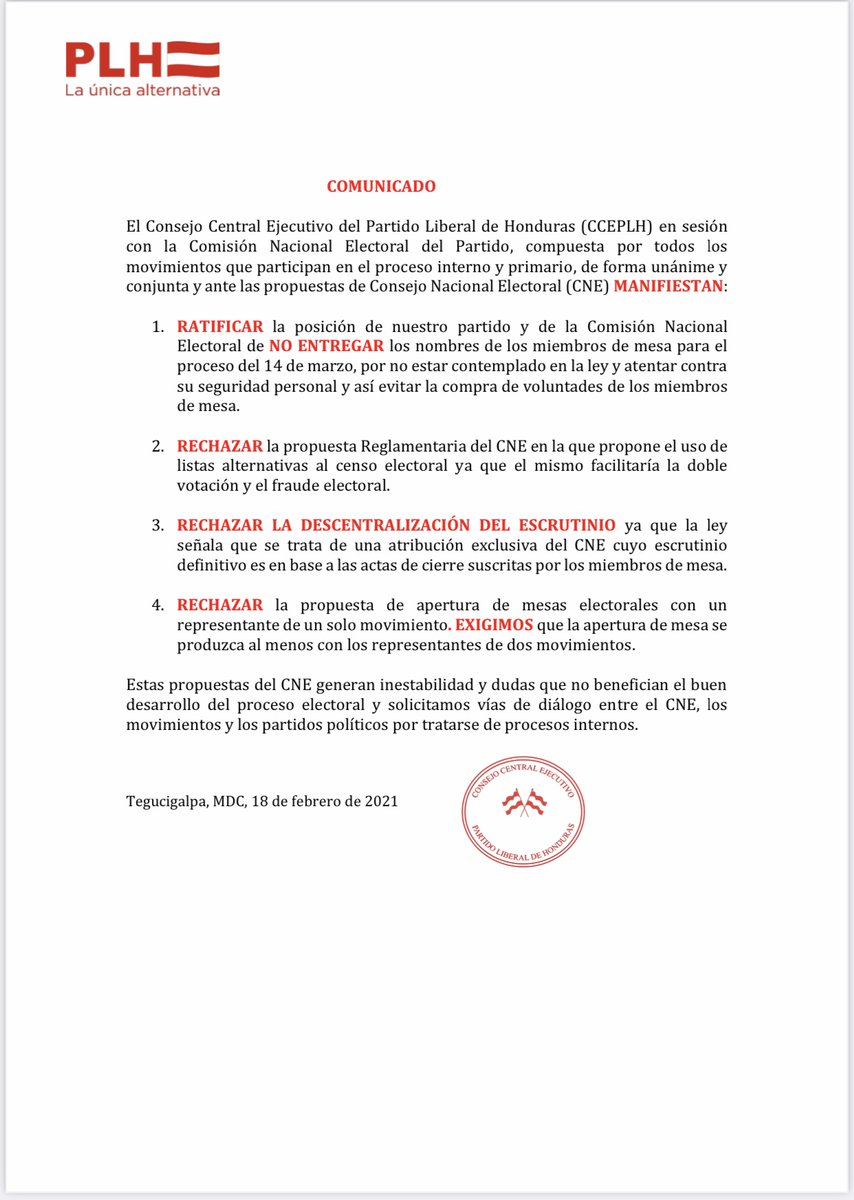 Comunicado oficial del PLH con relación a las propuestas del CNE