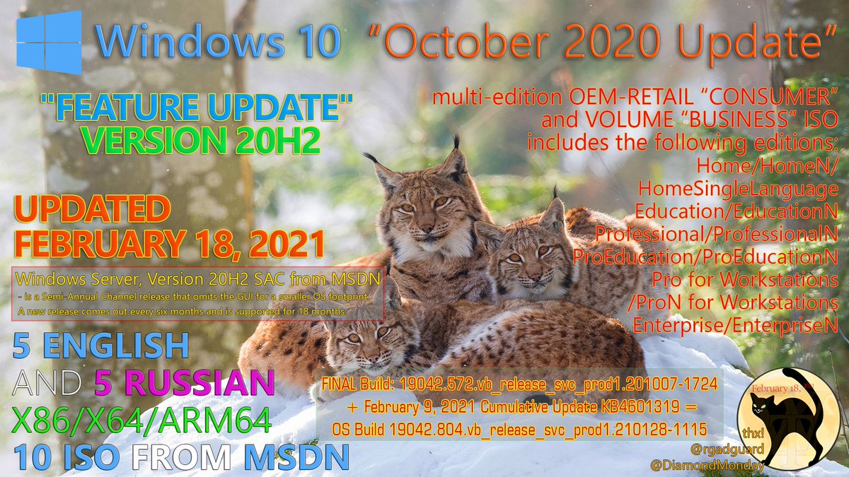 WZorNET's tweet photo. 😻📢Windows 10 Version #20H2 / Windows Server Version #20H2 #SAC, (#UpdatedFeb2021)
📋#20H2 19042 + Feb. 9, 2021 #KB4601319 = 19042.804.vb_release_svc_prod1.210128-1115
📁5-ENG|5-RUS X86/X64/ARM64 #CONSUMER/#BUSINESS/#SERVERSAC20H2 from #MSDN 10-ISO👉https://t.co/KizQH9gYLN
👁️WZT https://t.co/lMCZDFPYJZ