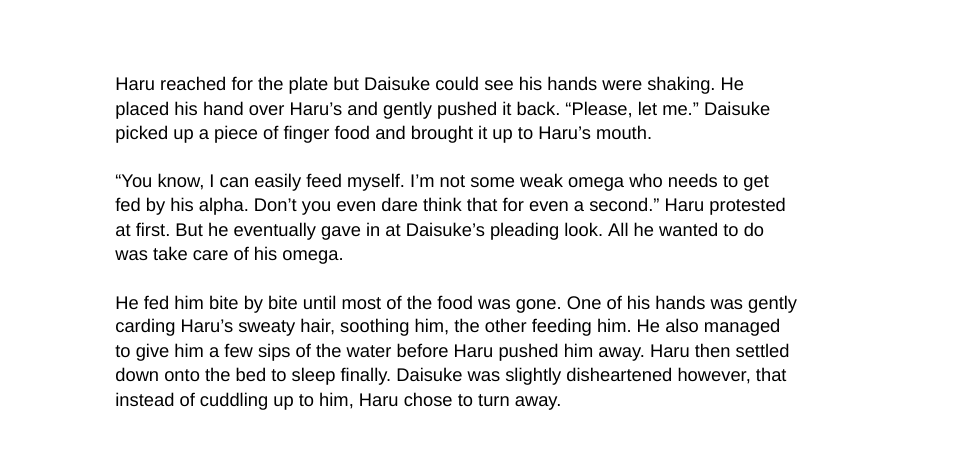 Haru is having a hard time letting Daisuke take care of him 🥺🥺

Preview for Chapter 13 of fate doesn't care about money written by me and <a href="/Adonraz/">💴 Dice 🌸</a> 

New chapter will be out soon! Check out the fic now: archiveofourown.org/works/26470243

#FKBU #daiharu #omegaverse