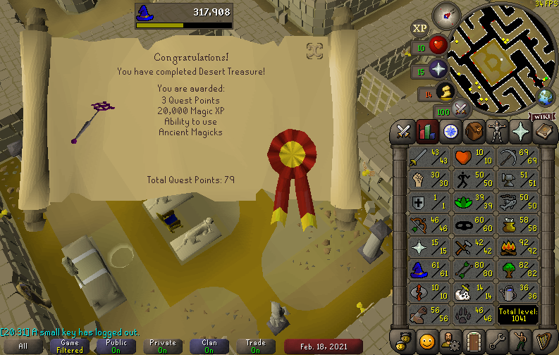 a_small_key_rs's tweet image. Desert Treasure complete 10 hp 34 combat solo 1 alt