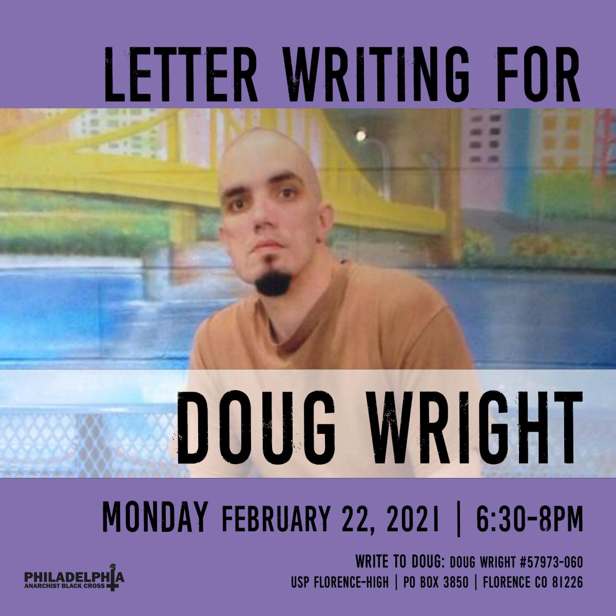 phillyabc's tweet photo. Join us Monday Feb 22, 6:30pm on Jitsi (link will be shared the day of). We’ll be writing letters to #Cleveland4 #PoliticalPrisoner Doug Wright!
We're also sending cards to PPs with March birthdays: Joy Powell, Andrew Mickel, Ruchell Magee & Jaan Laaman.
https://t.co/M0mISddJka https://t.co/K0MFXMzxRR