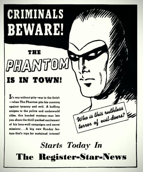Chitrakatha's tweet photo. The Phantom turned 85 this month. An ad where The Ghost Who Walks is drawn by his creator - Lee Falk. Phantom was the first costumed hero who started the trend of undies over trousers and mask with no pupils visible (mask had pupils initially). Batman borrowed a lot from Phantom. https://t.co/NmhTzOEnkB