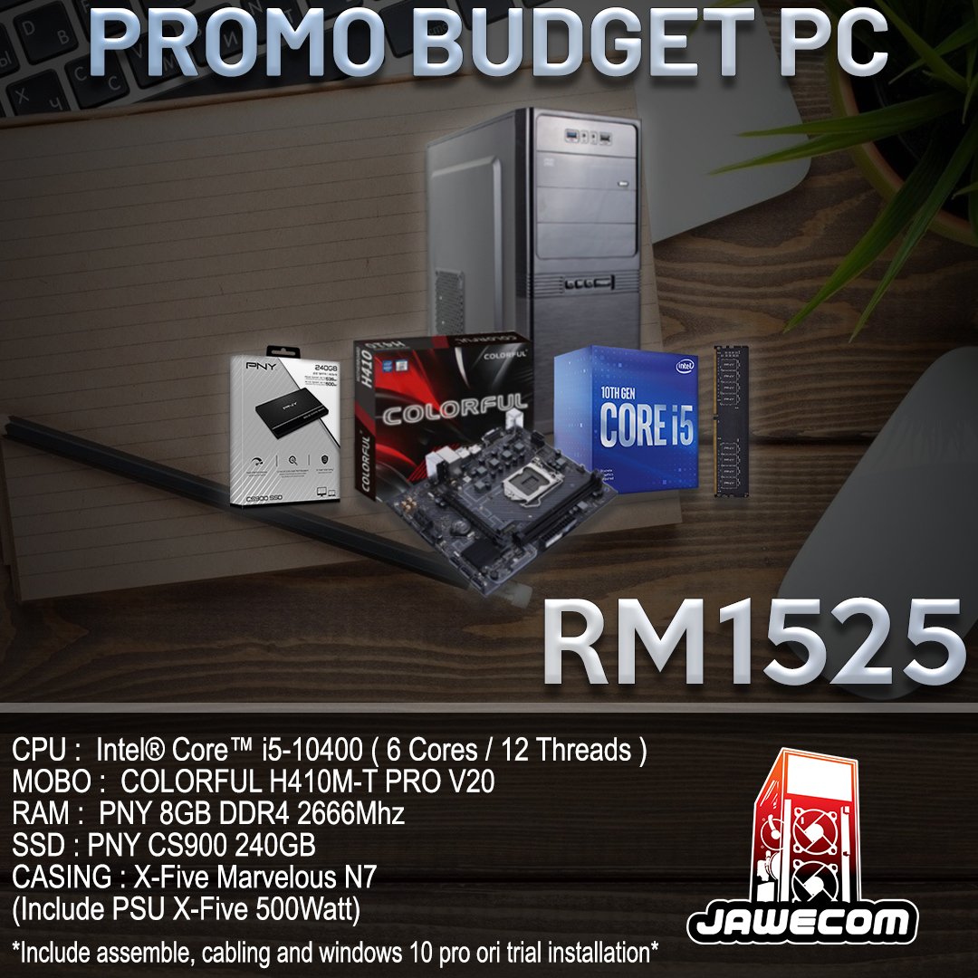 jawecompc's tweet photo. ⚡️ PROMO BUDGET X RM1525⚡️

Jom order PC dengan kami di https://t.co/4JA25wPTWF

Thank you for supporting us at Jawecom PC! 

#PCbudget #PCGaming #PCOffice #KedaiPCSetiaAlam #KedaiPCShahAlam #pkp2021 https://t.co/bBQVftqxhT