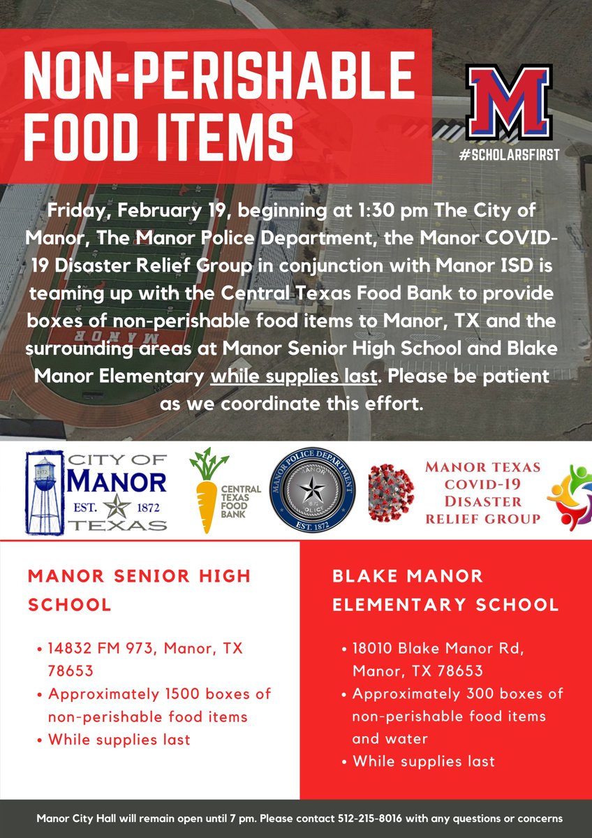 Tomorrow at 1:30 pm the <a href="/cityofmanor/">City of Manor, TX</a>, the <a href="/ManorPolice/">Manor Police Department</a> Department, the ManorTX COVID19 Disaster Relief Group along with <a href="/ManorISD/">Manor ISD</a> is teaming up with the <a href="/CTXFoodBank/">CentralTexasFoodBank</a> to provide boxes of non-perishable food to Manor and the surrounding areas at <a href="/ManorSeniorHS/">Manor Senior High</a>  and <a href="/BMESBulldogs/">Blake Manor</a>