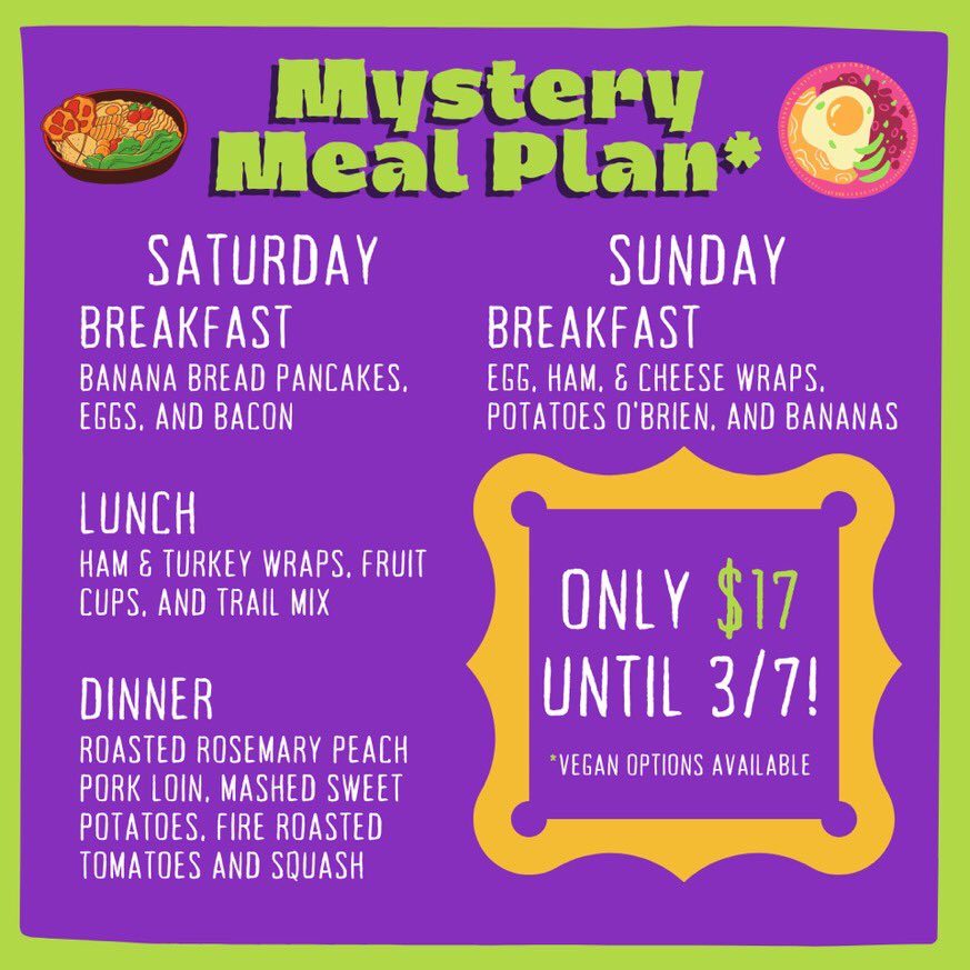SR4Venturing's tweet photo. Are you attending WOAH 2021? You are? Interesting. Do you need food? We got you covered! For just $17 (until March 7), we here at SR-4 Venturing got you covered with the Mystery Meal Plan presented by the Williams Estate. Registration link in bio! https://t.co/9AOcJsv4qL