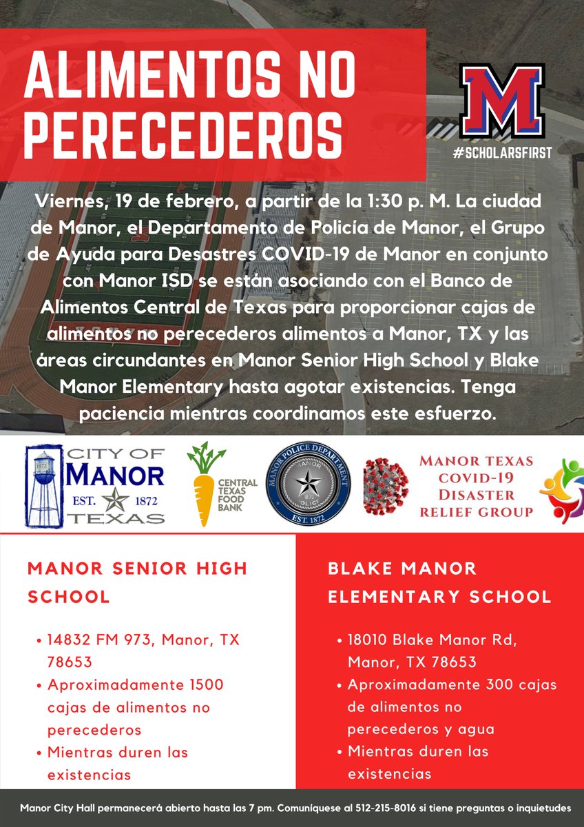 Mañana a la 1:30 pm <a href="/cityofmanor/">City of Manor, TX</a>, el <a href="/ManorPolice/">Manor Police Department</a> Department, ManorTX COVID19 Disaster Relief Group junto con <a href="/ManorISD/">Manor ISD</a> se unirán con <a href="/CTXFoodBank/">CentralTexasFoodBank</a> para proporcionar cajas de alimentos no perecederos a Manor y las áreas circundantes en <a href="/ManorSeniorHS/">Manor Senior High</a> y <a href="/BMESBulldogs/">Blake Manor</a>