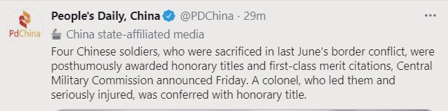 ShivAroor's tweet photo. Sadly, the real story here is that at least 40 deceased Chinese soldiers from Galwan have been ignored for posthumous decorations. A rare thing to happen, but here we are. https://t.co/GIfGzL1XiX