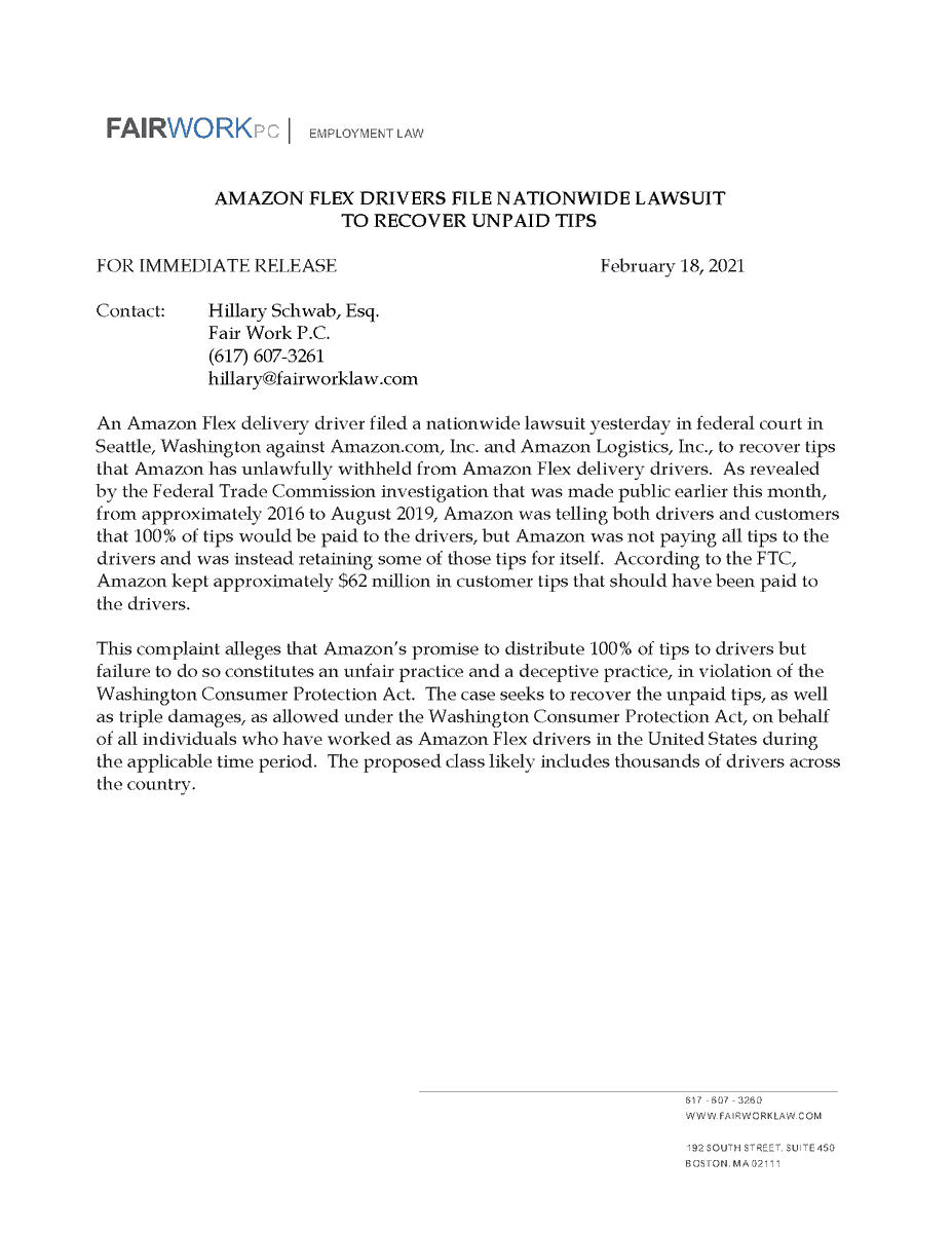 #AmazonFlex drivers file nation-wide class action lawsuit against <a href="/Amazon/">Amazon</a>. fairworklaw.com