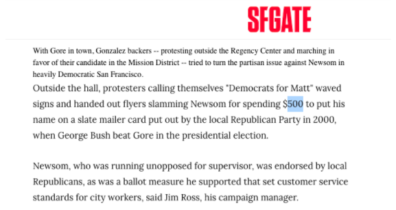 During the campaign, Newsom was hit hard for the support he received from local Republicans, esp. Newsom’s decision to spend $500 to be on a Republican slate mailer in 2000. In the end, Newsom was able to win by a narrow margin over progressive opponent Matt Gonzalez.