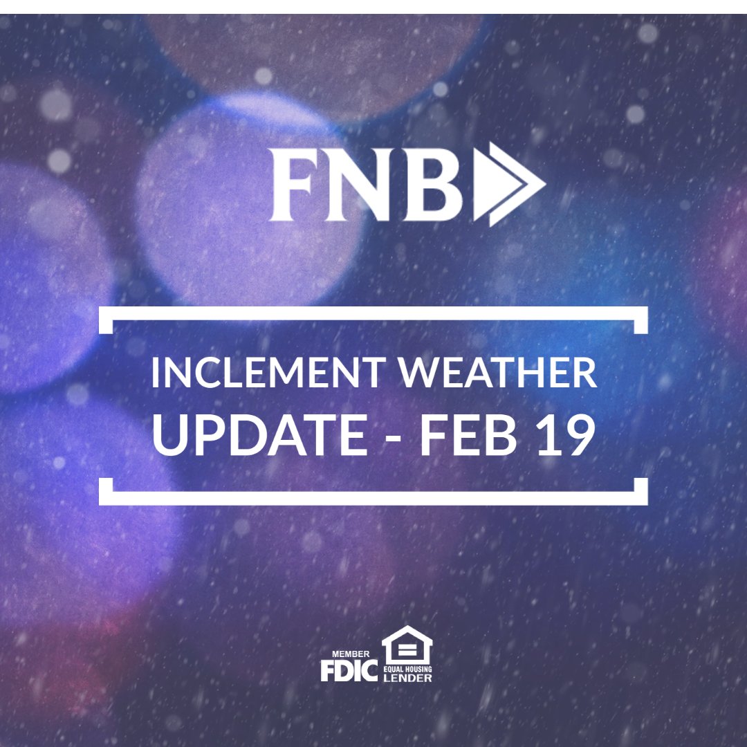 FNBOxford's tweet photo. **HOURS &amp; LOCATIONS**
Our Oxford Square and Tupelo Fairpark branches as well as all iTMs will be OPEN on Friday, February 19 from 10 a.m.-3:00 p.m.  All other locations remain closed. In addition, we will be CLOSED for Saturday banking on February 20. Thank you and stay safe! https://t.co/Ddqn5dn3Zq