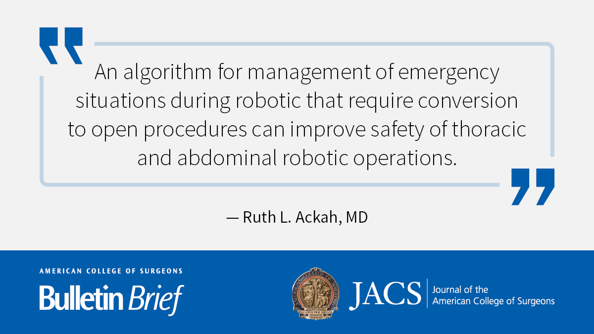 American College of Surgeons (@amcollsurgeons) on Twitter photo A recent @JAmCollSurg study describes the development and implementation of a universal algorithm for robotic surgery emergency conversion.
Read more: facs.org/publications/b… A recent @JAmCollSurg study describes the development and implementation of a universal algorithm for robotic surgery emergency conversion.
Read more: facs.org/publications/b…