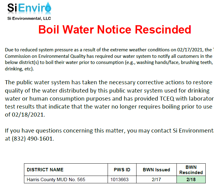 MBCA_Houston's tweet photo. Boil Water Notice rescinded for Harris County MUD No. 565 https://t.co/SgIhKFeW8D