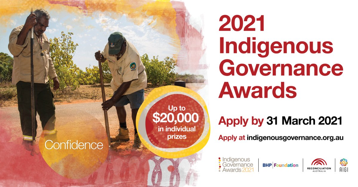 Are you courageous & creative in the ways you work with and for Indigenous communities?

💻Apply now for #IndigenousGovernanceAwards: 

bit.ly/ApplyforIGA2021

Apps close 31 March 2021

#IndigenousGovernance #Reconciliation
