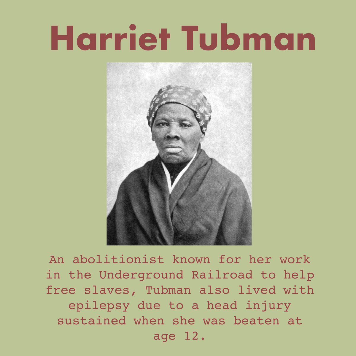 MizDisability's tweet photo. Harriet Tubman, an abolitionist known for her work in the Underground Railroad, lived with epilepsy from the age of 12 due to being beaten. 
#BlackDisabilityHistory https://t.co/kNoAKsVIkh