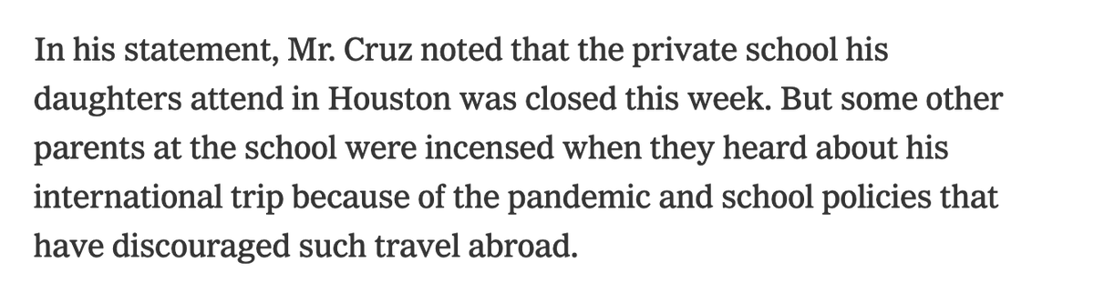 as i suspected, this vacation was planned to fall when his kids were out on break. So not some kind of last-minute crisis of "being a good dad."  https://www.nytimes.com/2021/02/18/us/politics/ted-cruz-storm-cancun.html