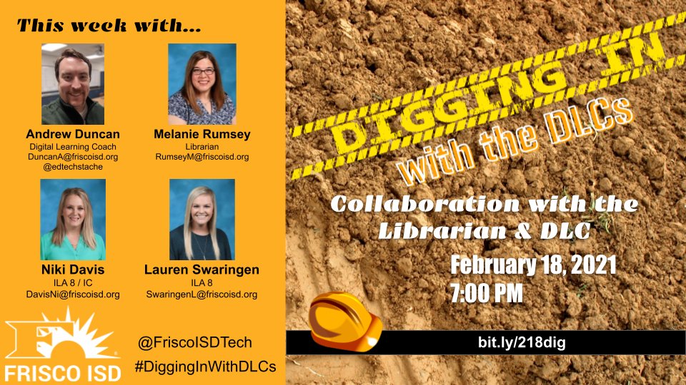 FriscoISDTech's tweet photo. This evening on #DiggingInWithDLCs, find out from two 8th grade ILA Ts from @RoachRams what it is like to collaborate on a lesson with a DLC (@edtechstache) and librarian (@rumseymlibrary).  Join us tonight @ 7:00 over on our YouTube channel https://t.co/FpnWYpR5V5 #FISDLearns https://t.co/fxhuV9ACVt