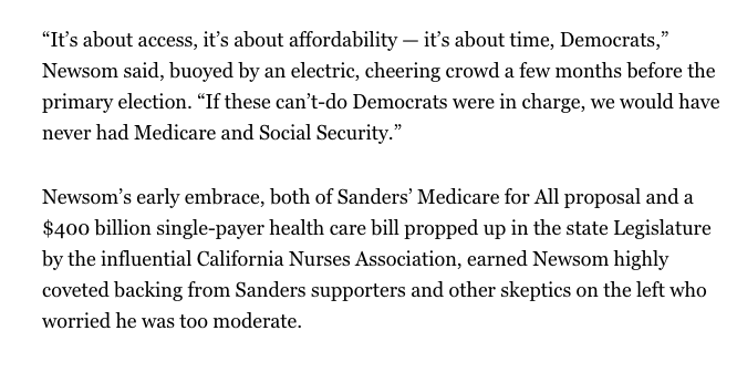 In 2018, for the first time in his career, Newsom decided to tack left in preparation for his gubernatorial bid. He embraced single-payer (and got the support of the California Nurses Association) and stated his opposition to fracking, among other progressive positions.