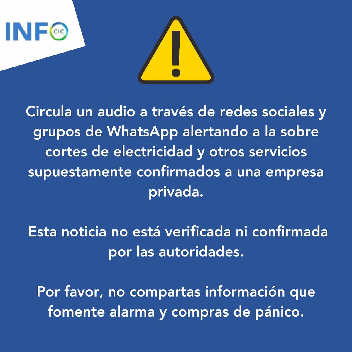 Cicmty's tweet photo. 🚨 #noCompartas #noDifundas #FakeNews 🤳 El día de hoy comenzó a circular un audio que invita a las personas a hacer compras de pánico con la excusa de un "mega apagón". 🚨

Cuando nos unimos, todos somos parte de la solución. https://t.co/sCv4dgCNhi