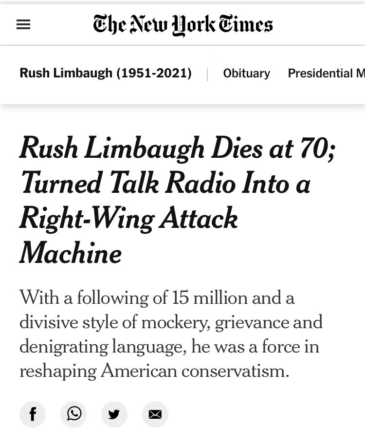 I ask this earnestly: If your only exposure to each man was  @nytimes’s respective obituaries, would you rather be Rush “divisive style of mockery, grievance and denigrating language” Limbaugh or Qassim “master of Iran’s intrigue” Suleimani?