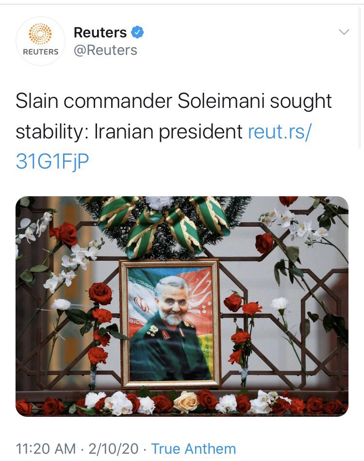 It would be one thing if this were just one outlet with an off-color and confrontational obit. But it wasn’t. I mean. Cmon,  @Reuters. Limbaugh gets distilled down to a “Trump ally” but Soleimani “sought stability”
