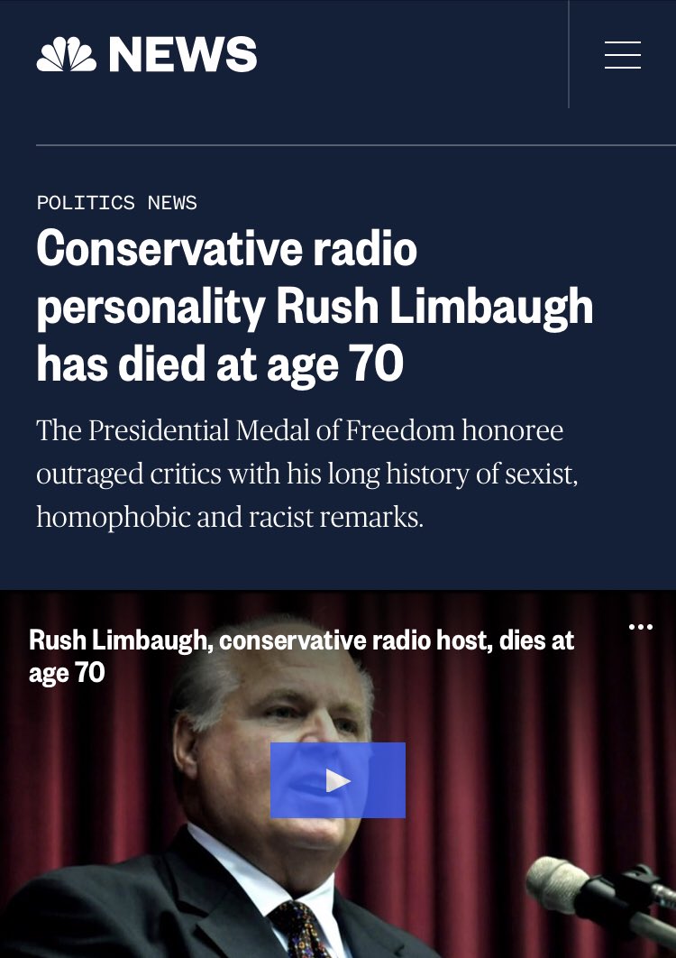  @NBCNews seems a lot more comfortable with the idea that an Iranian military leader responsible for the deaths of American troops might be morally complicated (he fought ISIS!) than Limbaugh (“long history of sexist, homophobic and racist remarks”)