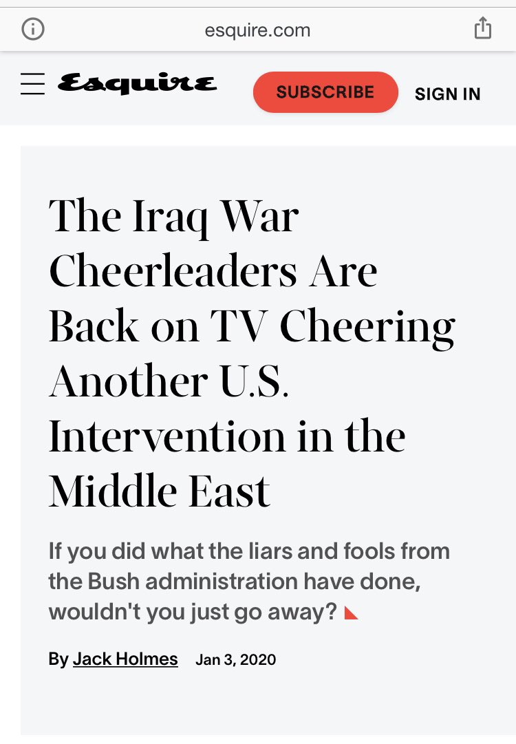  @esquire is the picture of class and grace, as always. Also, while I’m sympathetic to the framing about those who led us into Iraq, it is interesting to reflect on the fact that the promised war with Iran never actually happened.