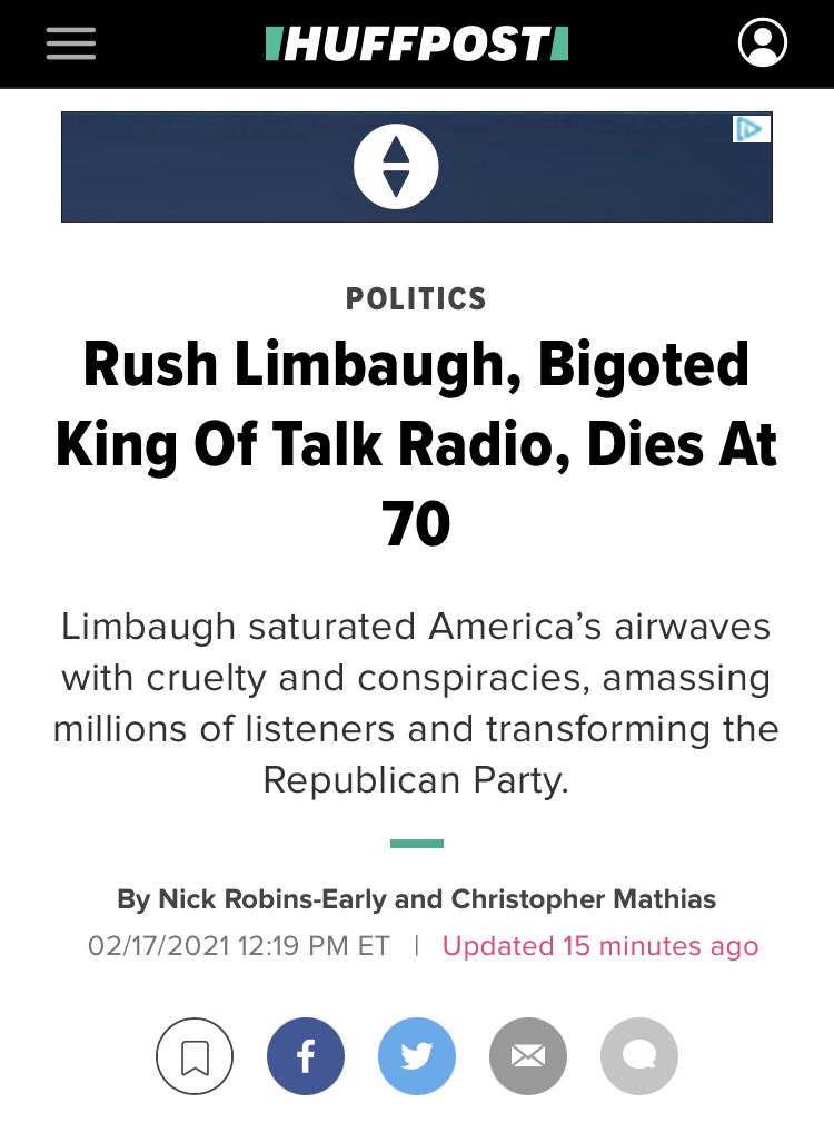 The more - ahem - partisan outlets also haven’t exactly held back. Here we have  @HuffPost. Limbaugh is the “bigoted king of talk radio” whereas Soleimani was “a figure of national resilience in the face of four decades of U.S. pressure”