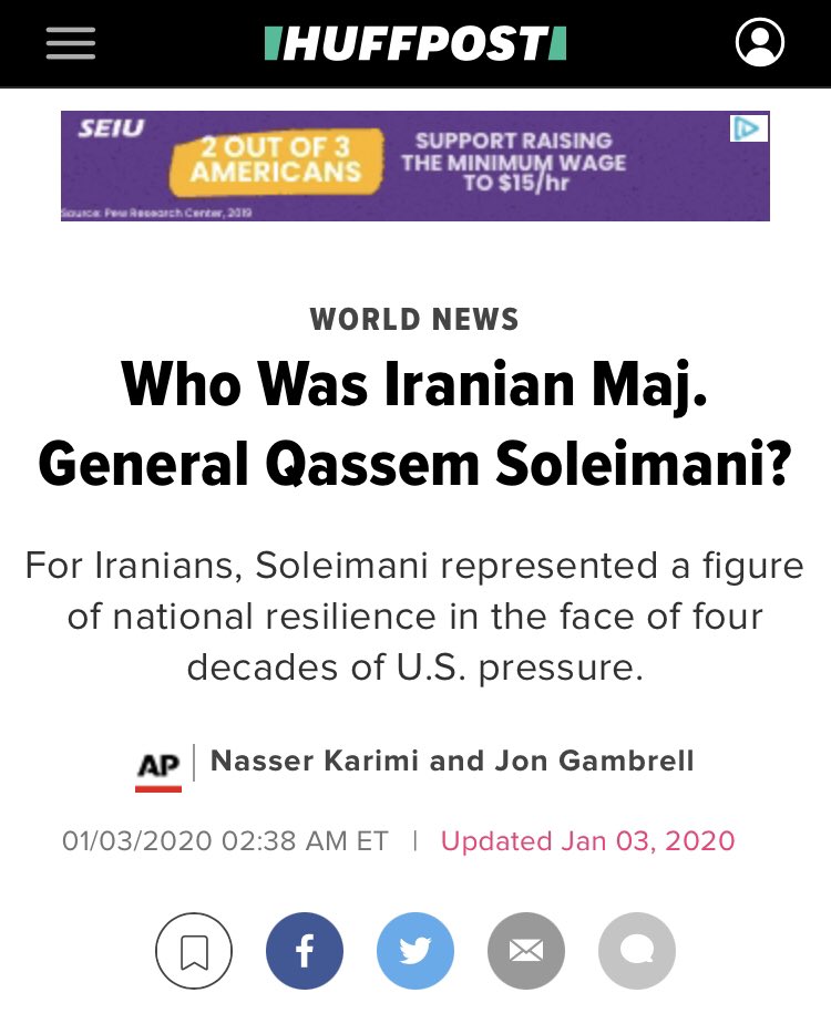 The more - ahem - partisan outlets also haven’t exactly held back. Here we have  @HuffPost. Limbaugh is the “bigoted king of talk radio” whereas Soleimani was “a figure of national resilience in the face of four decades of U.S. pressure”