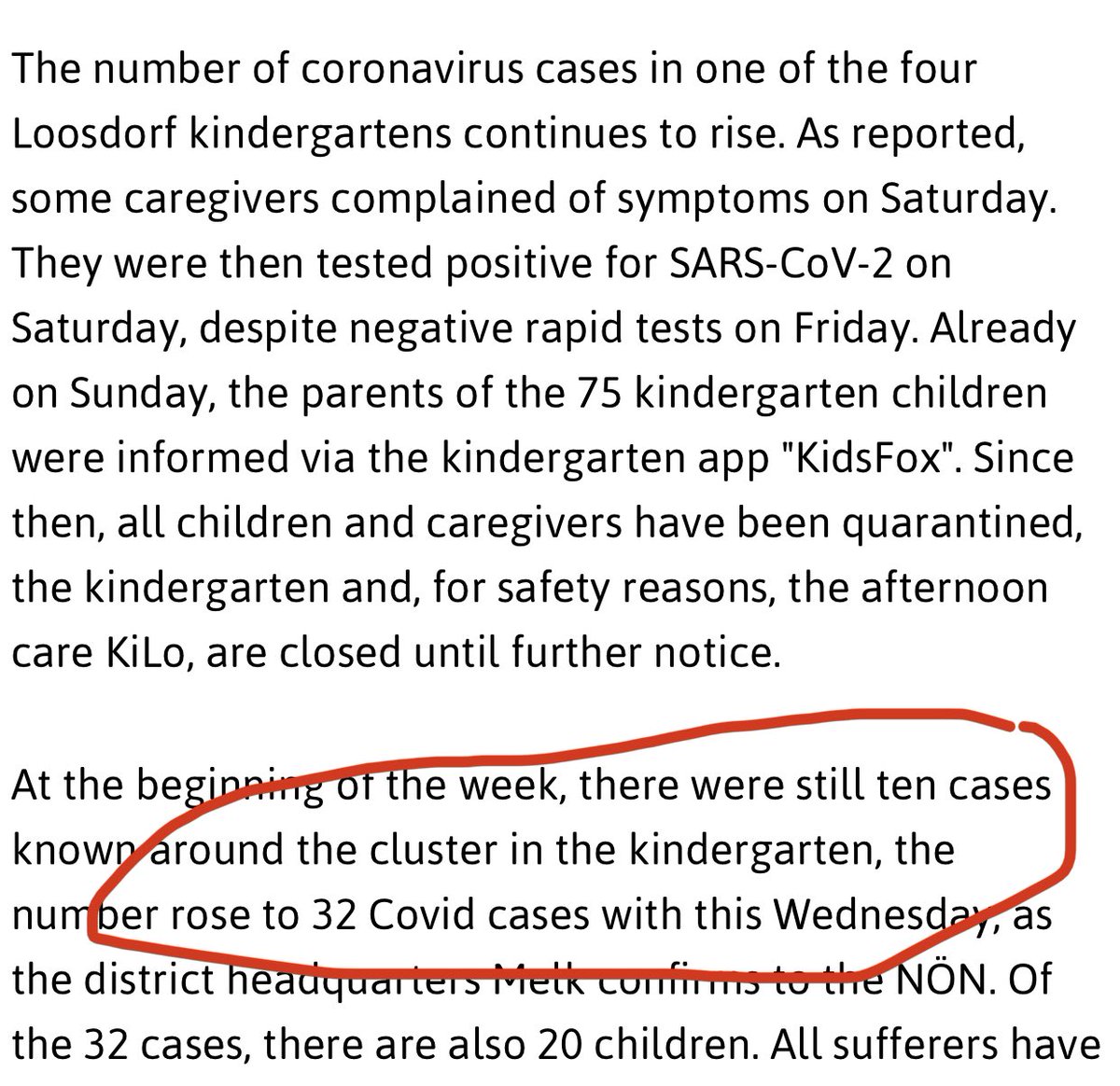 Sudden Kindergarten outbreak—a once small  #COVID19 outbreak in an Austrian kindergarten exploded from 10 cases Monday to suddenly *32 cases* by Wed—20 cases in kids, 12 adults & caregivers.(Article in German—translation below). HT  @hiems_mollis.  https://noen.at/melk/coronavirus-kindergarten-cluster-bereits-32-faelle-in-loosdorf-loosdorf-redaktionsfeed-coronavirus-kindergarten-redaktion-249646674