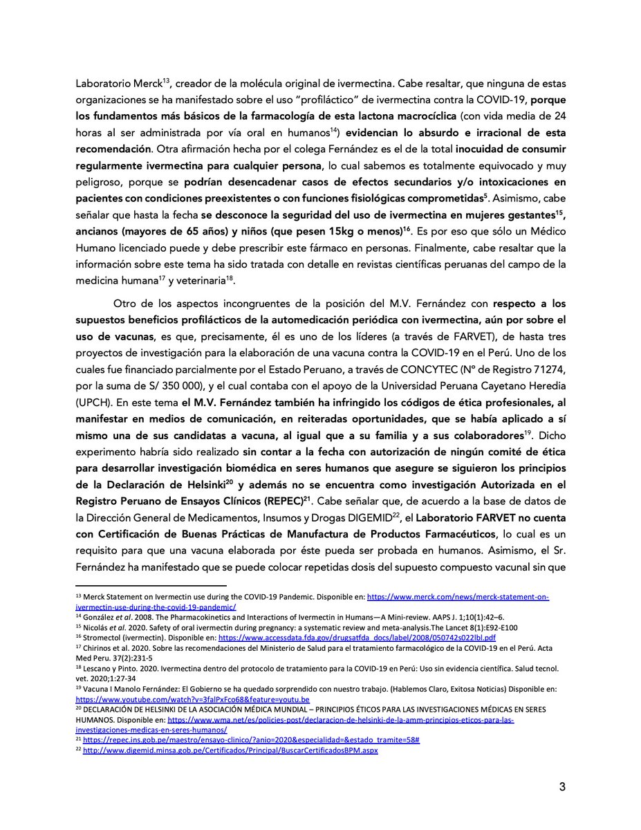 VetPeruCiencia's tweet photo. Somos un grupo de Med. Veterinarios que promovemos la ciencia basada en evidencia. Hacemos pública la carta enviada al Col. Med. Veterinario del Peru @MdicoVe1 rechazando las declaraciones del M.V. Manolo Fernandez sobre el uso ivermectina para prevenir COVID-19(1/5) #VetCiencia https://t.co/gIT9lIc9mm