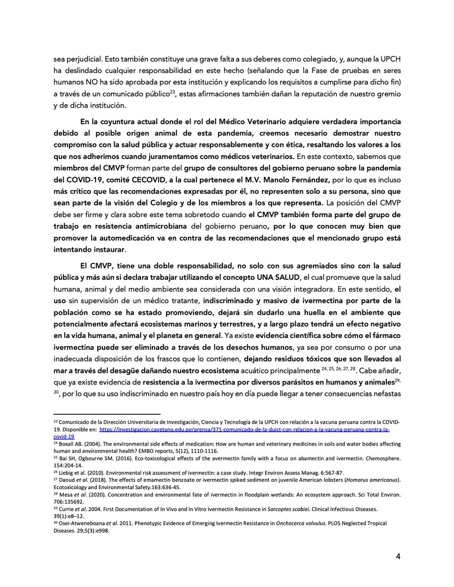 VetPeruCiencia's tweet photo. Somos un grupo de Med. Veterinarios que promovemos la ciencia basada en evidencia. Hacemos pública la carta enviada al Col. Med. Veterinario del Peru @MdicoVe1 rechazando las declaraciones del M.V. Manolo Fernandez sobre el uso ivermectina para prevenir COVID-19(1/5) #VetCiencia https://t.co/gIT9lIc9mm
