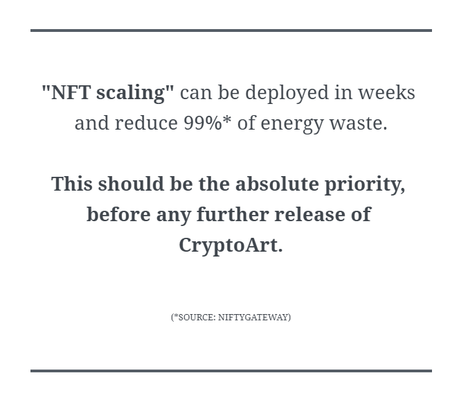  I am urging artists and friends to put their  #CryptoArt sales on hold, just for a few weeks. If platforms focused on implementing "NFT Scaling" today, instead of dropping more  #NFTs, the problem would be solved faster.