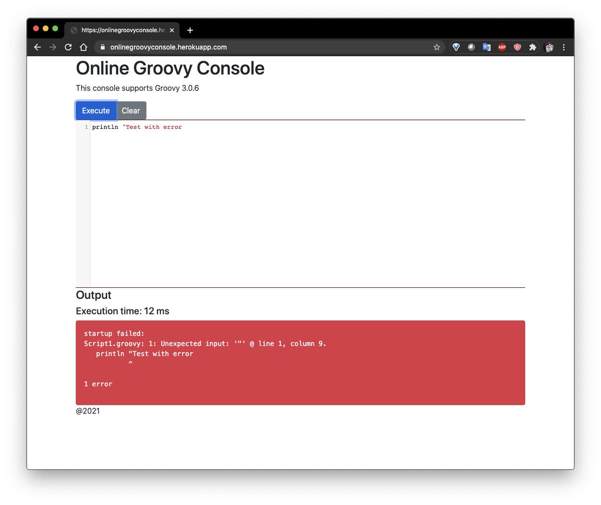 Desveloper's tweet image. Hice un par de modificaciones y ahora las llamadas son AJAX, le puse unos colores para cuando las ejecuciones son success o con errores.

Pueden checar el repo aquí: github.com/Joxebus/Micron…

Y la consola en línea acá: onlinegroovyconsole.herokuapp.com

#groovy #desveloper #onlineconsole