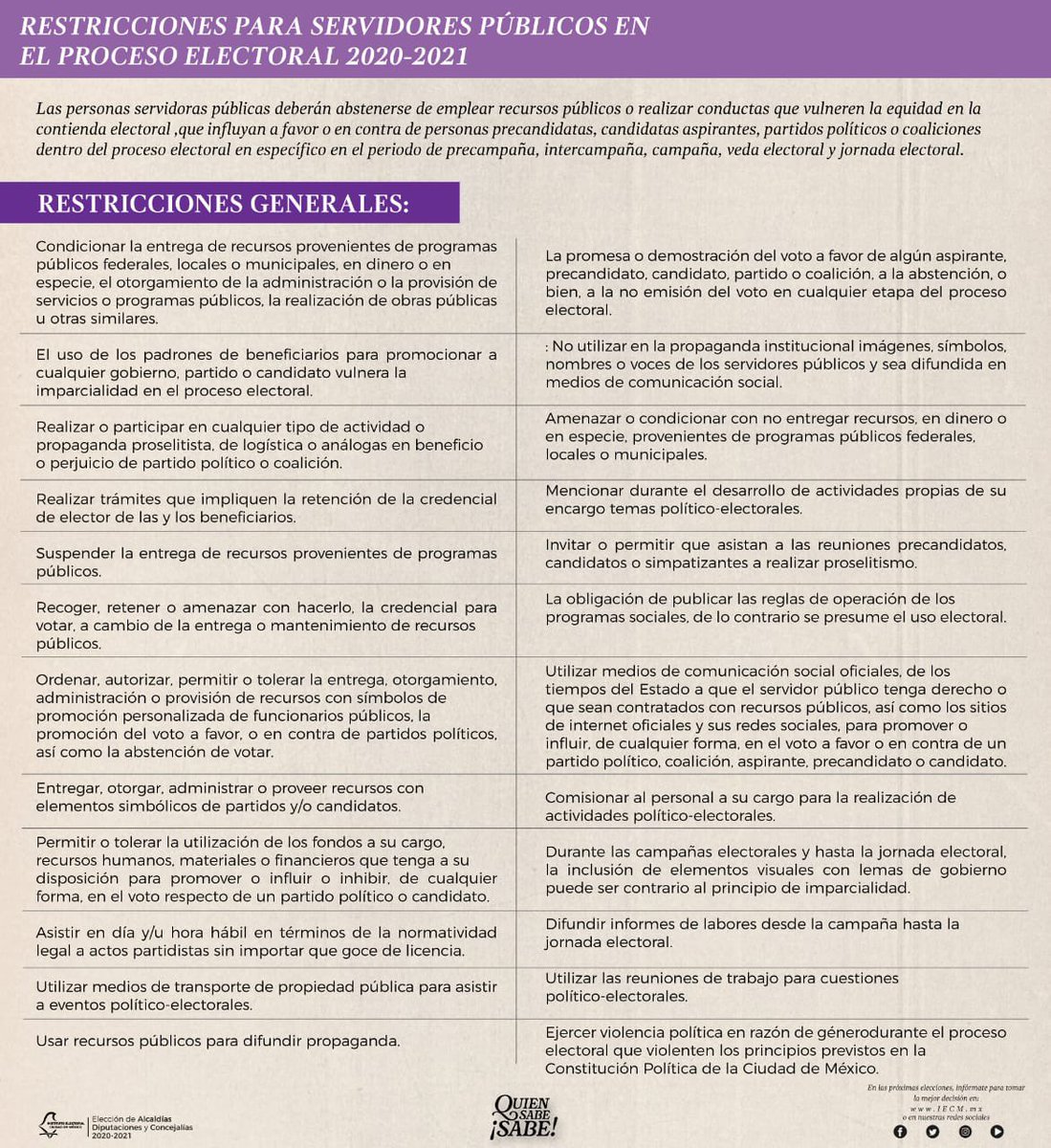 MVM63's tweet photo. #Elecciones2021 | En el Proceso Electoral 2020-2021, las personas servidoras públicas también deben respetar las restricciones que establece la ley con el fin de no influir en la contienda y que las elecciones se desarrollen de manera democrática y transparente. #QuienSabeSabe https://t.co/7WNpCxgeGB