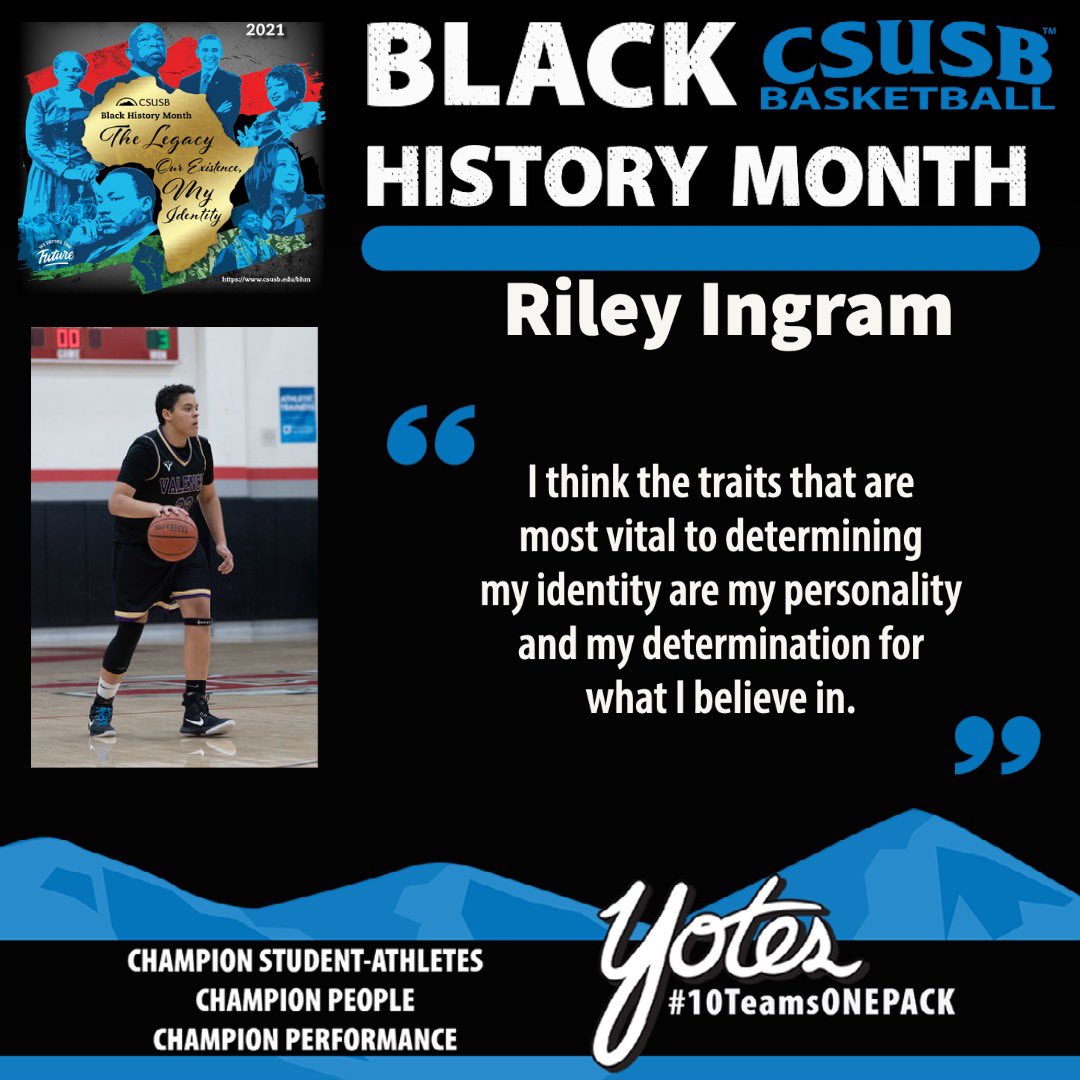 CSUSBWBB's tweet photo. Freshman Post, Riley Ingram, gives insight on the most vital traits to determining his identity ππ€
#blackhistorymonthΒ
#10TEAMSONEPACK
#CSUSBBHM
#ChampionPeople
#ChampionStudentAthletes https://t.co/DDBgDyvvEX