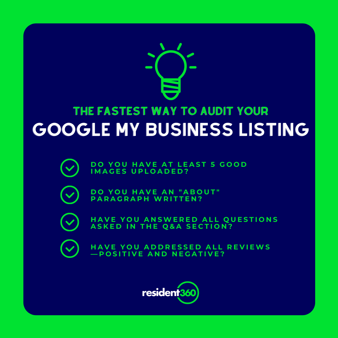 Resident360's tweet photo. Take a few minutes to perform a simple audit for your property! ✅ Major Benefit: Prospects won't stumble upon negative information while researching your property. More details in our weekly newsletter! #googlemybusiness #GMB #apartmentleasing #multifamily #multifamilyproperty https://t.co/tq7T1KlNSH