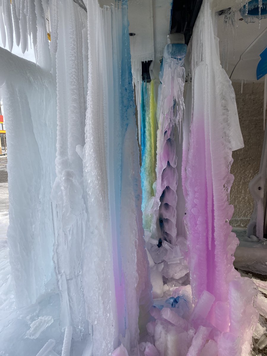 AdamAlter's tweet photo. I took these pics today of the broken and leaking car wash by my house (off Parmer) in Austin. It looks really crazy with the frozen colored soap and wax. I saw red, pink, yellow, blue, and even Vanilla! #TexasFreeze #TexasWinterStorm2021 #Texas https://t.co/aJwLm8NIbj
