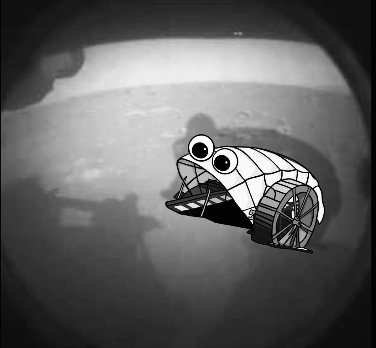 MrTrashWheel's tweet photo. I was minding my own business on Mars today, when a wittle guy with no googly eyes took my picture! They said their name was Perseverance... #MarsLanding @Nasa https://t.co/PwMxZt61Qr