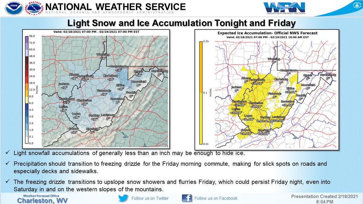 NWSCharlestonWV's tweet photo. A winter weather advisory remains in effect tonight into Friday morning for light snow accumulations combined with a glaze of ice. Snow and ice reports, along with photos and rulers, are welcome!
#wvwinter #kywinter #ohwinter #vawinter https://t.co/YdR7y5PhCu