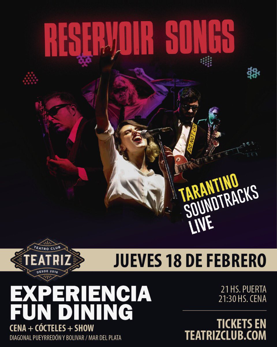 #nochesunicas #experienciagastronomica #cocteleria #losmejoresshows #MarDelPlata #musica #arte 
Hoy !! <a href="/ReservoirSongs/">Reservoir Songs</a> haciendo las mejores canciones de los films de <a href="/QuenTarantino/">QuentinTarantino</a>