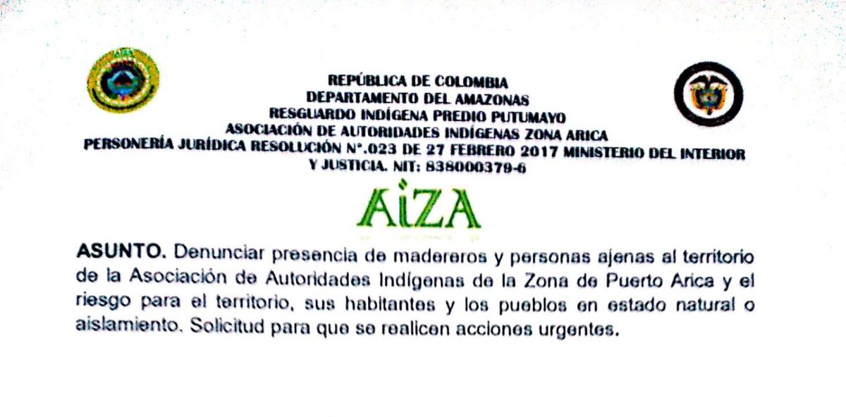 #ATENCIÓN 
Autoridades Indígenas de la Zona Puerto Arica reportan la presencia de personas ajenas a la comunidad realizando actividades madereras dentro del resguardo Predio Putumayo. Hacen un llamado a las autoridades para que se realicen acciones urgentes que mitiguen el riesgo