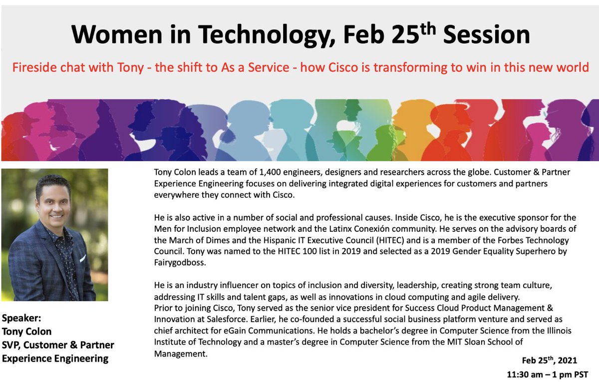 cisco_wit's tweet image. Join us for a fireside chat with Tony Colon, SVP Customer and Partner, Experience Engineering as he talks about the shift to As a Service model on 25th February!  #cisco #CareerDevelopment #leadership #womenintech #womeninbusiness #CiscoWIT #ciscowebex #virtualevents @tcolon