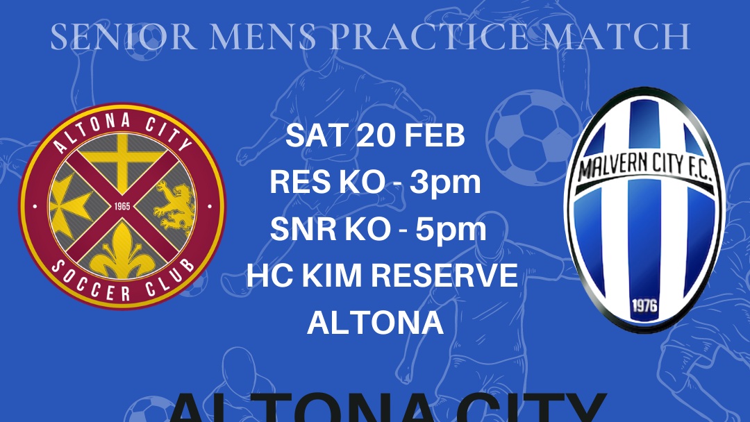 Get down to HC Kim Reserve this Saturday 20 February to see our Senior Men take on Malvern City Football Club.
•
Reserves KO 3pm | Seniors KO 5pm
•
Bar and canteen open. See you there. 
•
We are the people.
