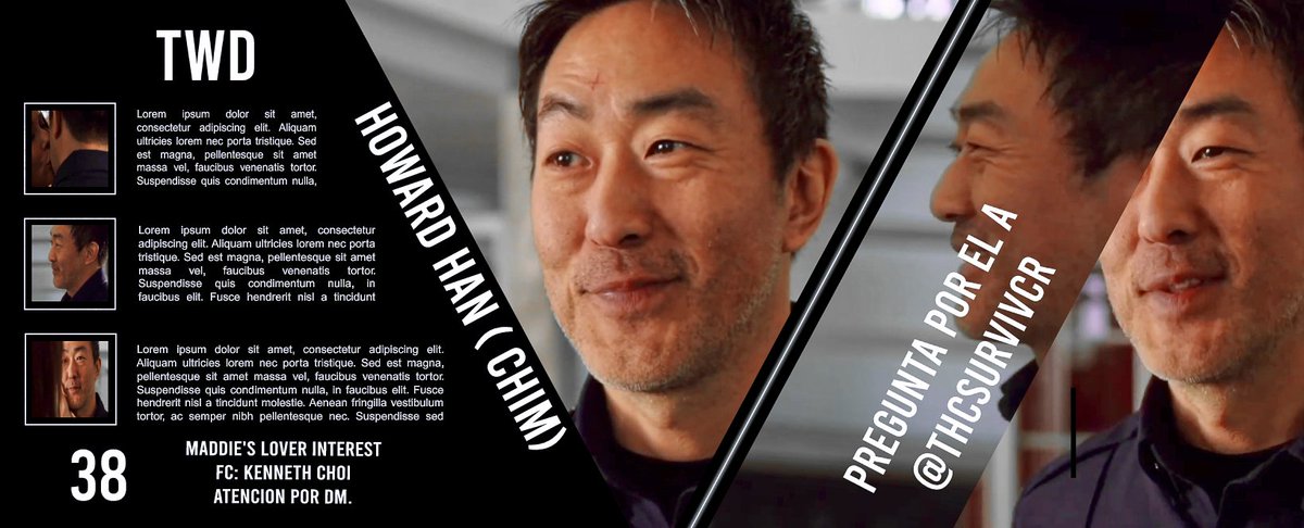 ⠀⠀⠀
⠀⠀ ⠀⠀⠀⠀ ◞ 𝐒𝐄 𝐁𝐔𝐒𝐂𝐀

𝗡𝗼𝗺𝗯𝗿𝗲: Howard Han ( Chimney)
𝗘𝗱𝗮𝗱: 38
𝗙𝗮𝗻𝗱𝗼𝗺: The Walking Dead
𝗙𝗖: Kenneth Choi 
𝗥𝗲𝗹𝗮𝗰𝗶𝗼́𝗻: Interés amoroso de <a href="/thcsurvivcr/">CLOSED.</a>.

                    ¿RT para encontrarlo?