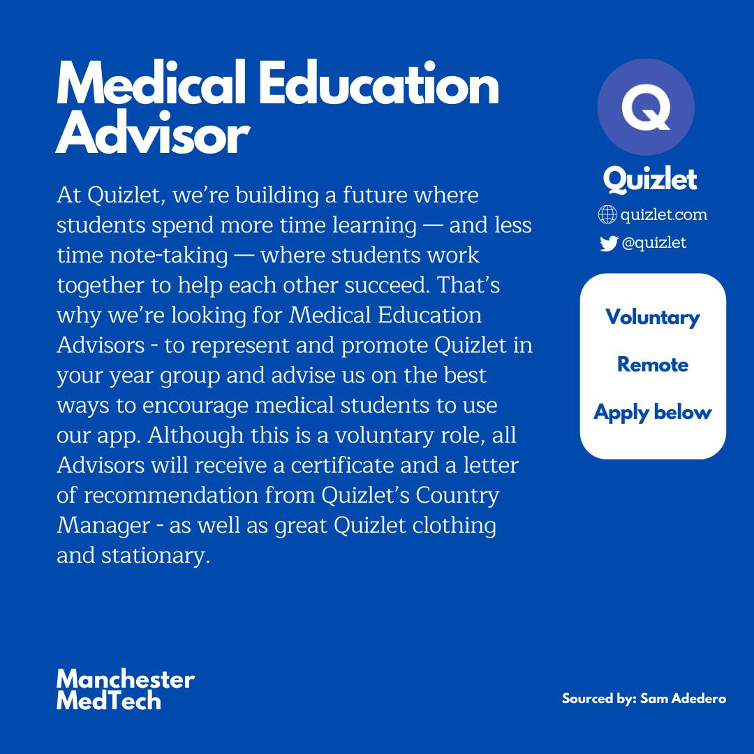 UoMMedTech's tweet photo. ***MedTech Jobs***
Here is a great opportunity for those of you interested in becoming a Medical Education Advisor for Quizlet, an application for simple learning tools such as flashcards that let you study anything! 
https://t.co/SSu0uJVE3m https://t.co/z8jHpMslXP