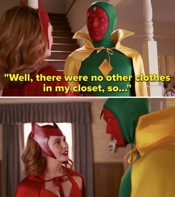 Vision is aggrieved early on because there are “no other clothes in his closet”. He then tells  #Wanda   he isn’t coming trick or treating because he’s going on Neighhood Watch, Wanda is perplexed, this wasn’t in her plans.  #TheVision   tells her to “Be Good”.  #WandaVision  